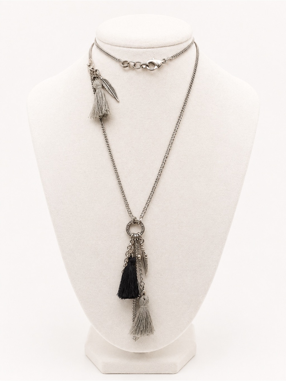 Silver-Tone Multi Tassel Pendant Necklace in Black and Gray